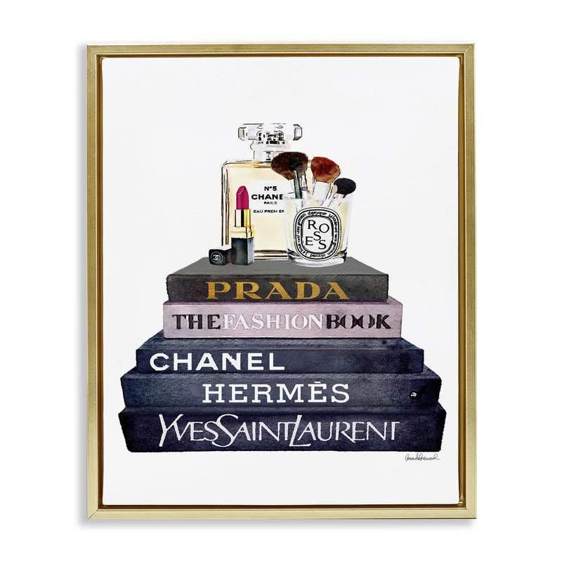Stupell Industries Glam Fashion Book Set With Makeup, Design by Amanda Greenwood, 24 x 30, Gold Floater Framed
