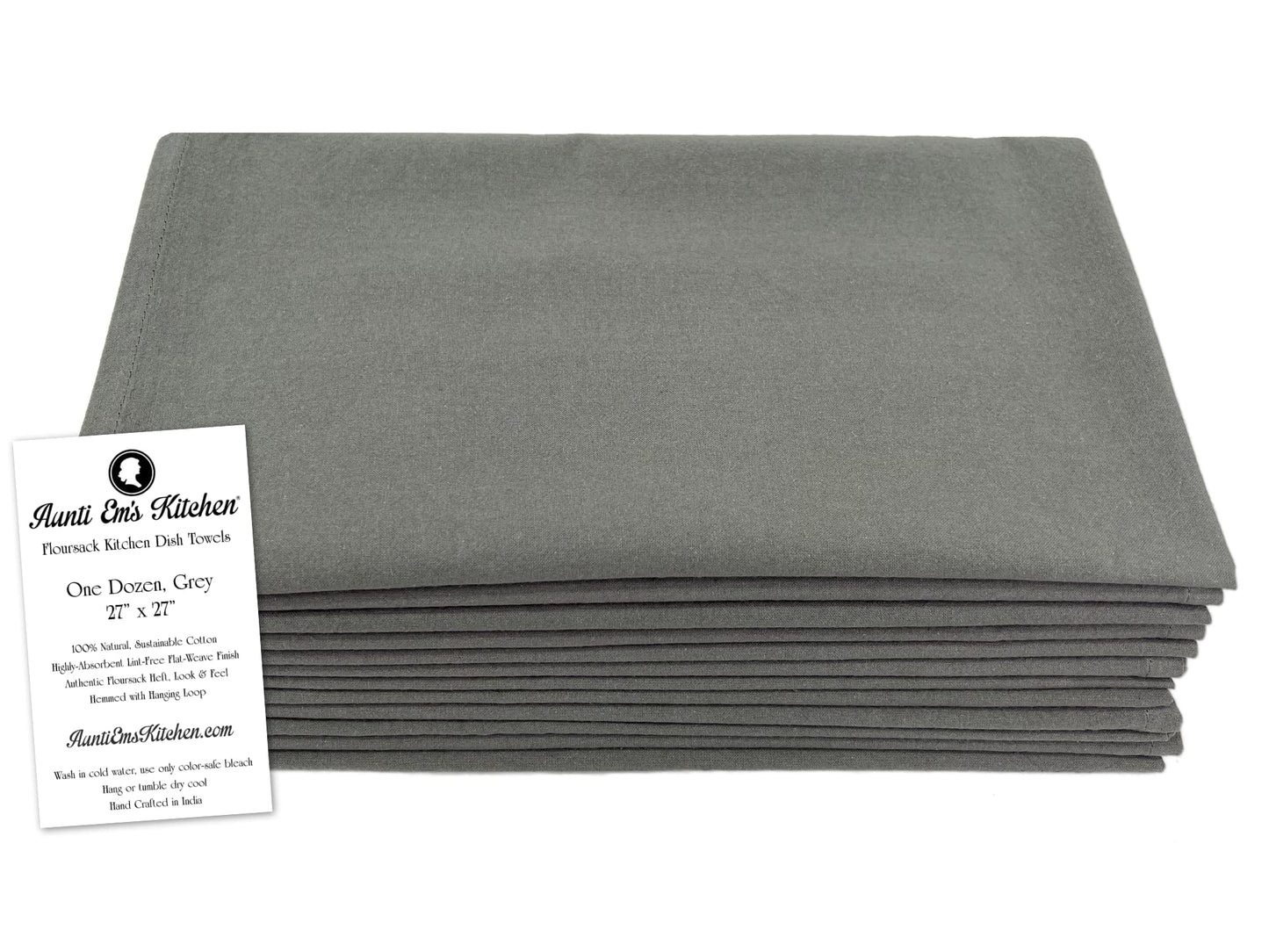 Aunti Em's Kitchen Flour Sack Dish Towels - Natural Cotton for Embroidery and Drying Glass, Hand, Dinnerware - Plain, Thick, Zero-Lint, Highly Absorbent - Set of 12, 27 x 27 Inch, Steel Grey