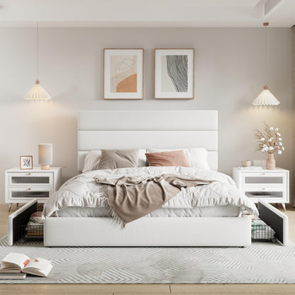 Allewie Modern Queen Size Platform Bed Frame with 4 Storage Drawers and Velvet Upholstered Headboard, Wooden Slats Support, Upholstered Mattress Foundation/No Box Spring Needed/Easy Assembly, White