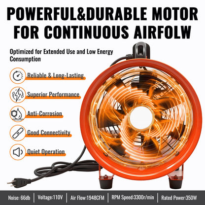 dreamdragon Upgraded 10-Inch Utility Blower Fan, Portable Industrial Exhaust Fan with 33ft Flexible Duct Hose, 3300 RPM Low-Noise Ventilator for Workshops Warehouses and Basements