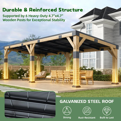 GOHONEI10x22 ft Cedar Wood Gazebo with Sloped Galvanized Steel Roof, Hardtop Gazebo Pavilion with Durable, Rot-Resistant Construction, Permanent Outdoor Pergola for Backyard, Garden & Deck