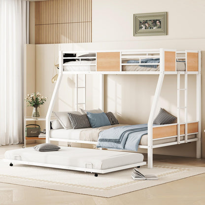 Metal Twin Over Full Bunk Bed with Trundle,Heavy Duty Bunk Beds Twin Over Full, Space-Saving Bunk Bed for Kids/Teens/Adults,White