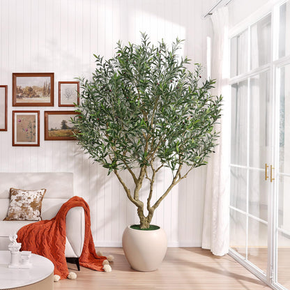 Verinatural Olive Tree Artificial Indoor, 8FT Tall Faux Olive Tree with 18in White Planter, Artificial Plants with Natural Wood Trunk and Lifelike Fruits for Home Office Decor,VN205