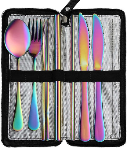 VANDBAO Portable Camping Utensils Set - Reusable Stainless Steel Cutlery with Case, Extra Steak Knife & Boba Straw