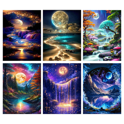 Canrichshop 6 Packs Diamond Art Painting Kits for Adults,Beach Moon Diamond Painting Kits for Beginners,Landscape 5D Full Drill Diamond Dots,Gem Art Crafts for Adults Wall Decor 12x16inch