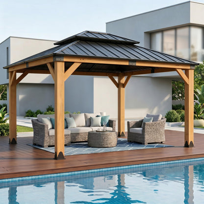 StarEcho 10X12 FT Cedar Wood Hardtop Gazebo, Heavy Duty Wooden Frame Gazebo with Metal Roof, Outdoor Patio Canopy for Backyard, Deck, Lawn & Garden