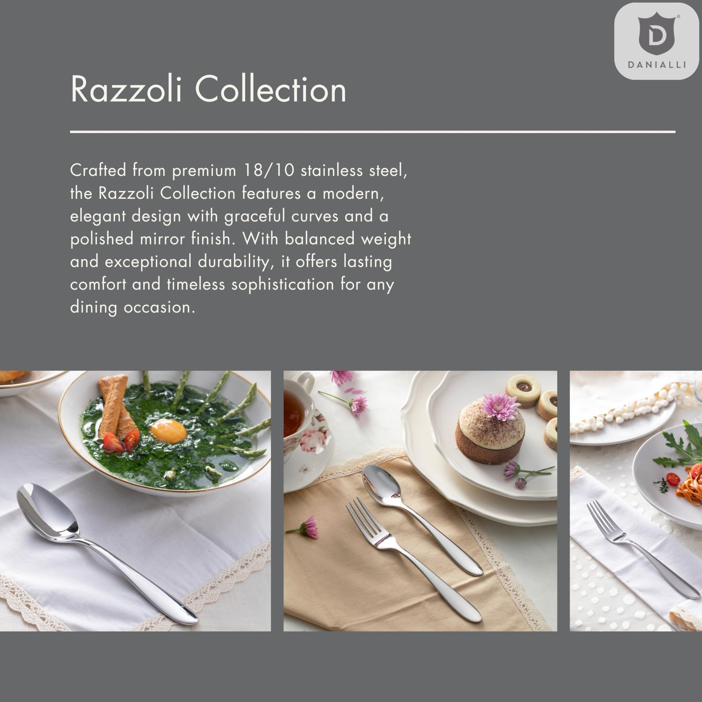 Danialli Modern Silverware Set, 18/10 Stainless Steel Flatware, Mirror Finish, Dishwasher Safe, Elegant Cutlery for Home and Dining, Built to Last (60-Piece, Razzoli)