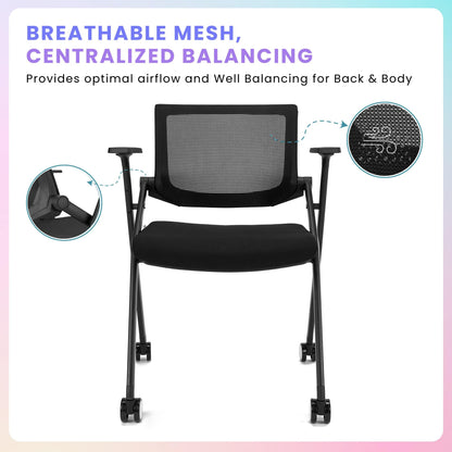 BROBRIYO, 4 Pack Stackable Conference Room Chairs with Wheels and Paddle, Ergonomic Mesh Back and Arms for Meeting, Conference, Reception, Training Room & Home Office Desk Folding Chairs (2 Boxes)