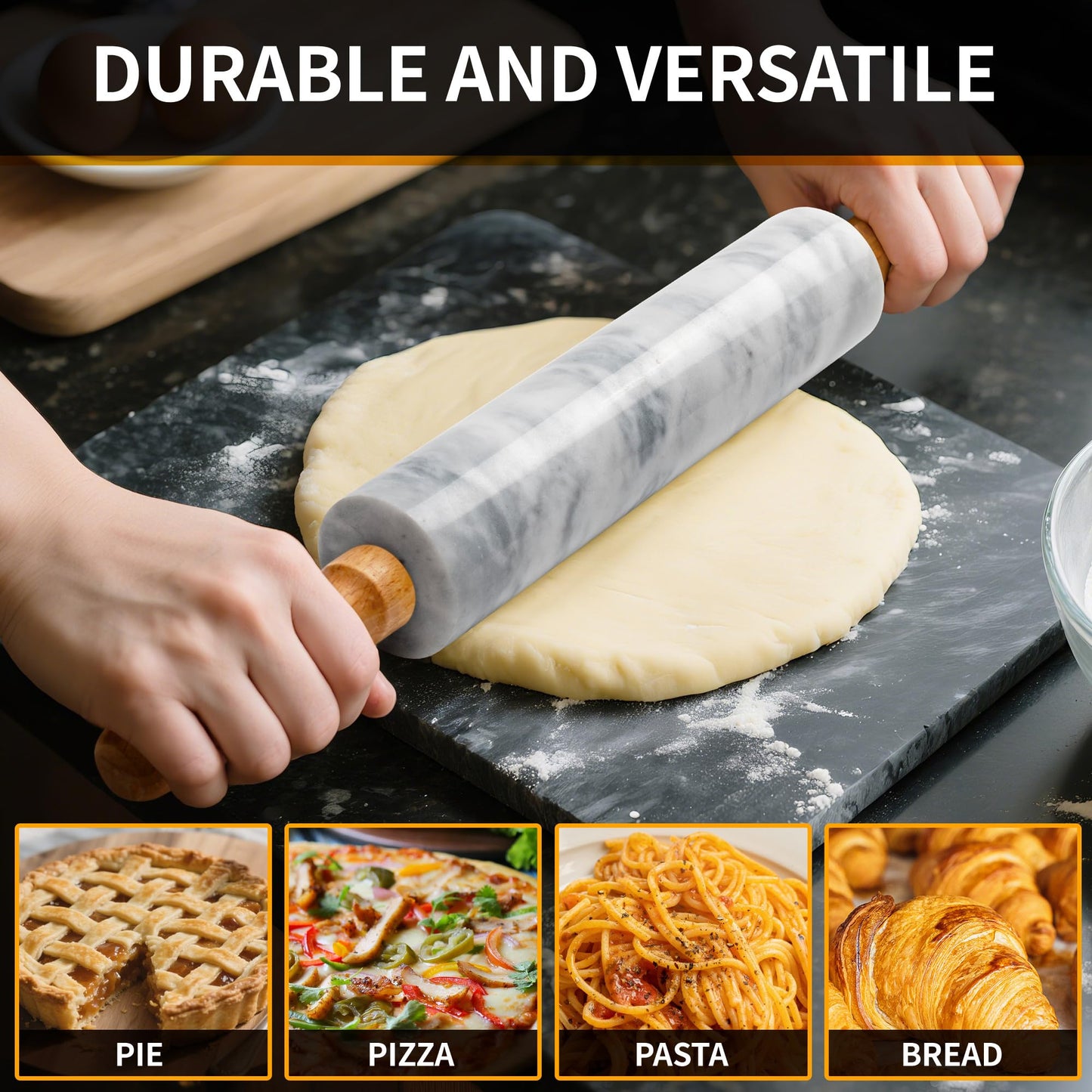 Kafoor 16.7 Inches Marble Rolling Pin for Baking with Wooden Handles & Wooden Cradle - Rolling Pin for making Pizza Dough & Tortillas, Dough Roller for Pasta, Cookie, Pie Crust and More!