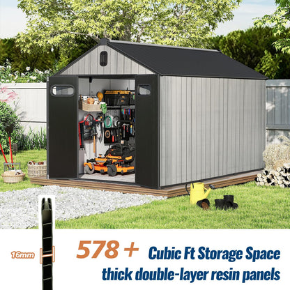 Domi 8x12Ft Resin Outdoor Storage Shed, Plastic Garden Shed with Carpet, Outside Weatherproof Storage Building for Tools, Bike, Lawn Mower, Patio, Backyard