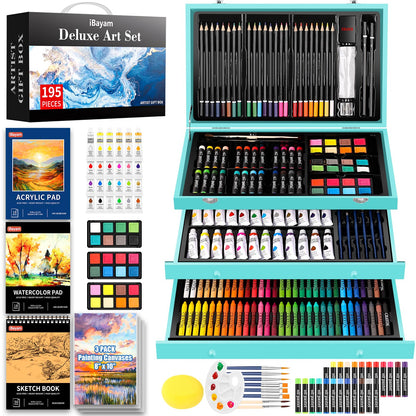 iBayam Arts and Crafts Kits for Adult, 195-Pack Deluxe Art Set Box with 3 PCS Drawing Pads, Canvases, Acrylic Painting, Drawing & Art Supplies for Pumpkin, Halloween, Christmas