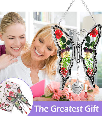 KY&BOSAM Gifts for Women Happy Mother`s Day Butterfly Suncatcher Stained Glass Suncatcher for Window Hanging Home Decor Wind Chime with Pressed Real Flower Garden Decor Gifts for Mom Mothers Day
