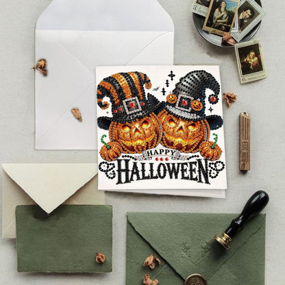 SHEGZHUC 6 Pack Diamond Painting Gift Card Diamond Art Kits for Adults Birthday Wedding Anniversary Greeting Get Well Congratulations Thank You Cards with Envelopes || Pumpkin Halloween Gothic