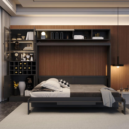 Merax Queen Size Murphy Bed Wall Bed with Sofa, Shelves, USB & Light - Space Saving Foldable Bed for Small Apartments, Grey