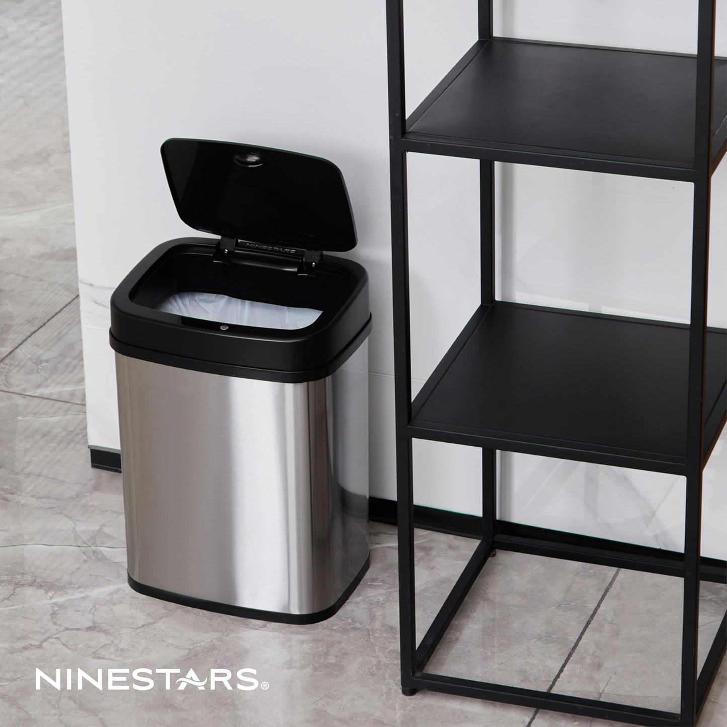 NINESTARS DZT-12-5 Bedroom or Bathroom Automatic Touchless Infrared Motion Sensor Trash Can, 3 Gal 12L, Stainless Steel Base (Rectangular, Black Lid)