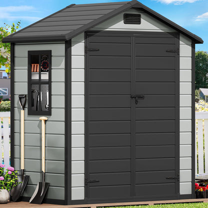 DWVO 6x4 FT Resin Storage Shed with Reinforced Floor, Outdoor Storage Shed with Lockable Door, Window and Vents, Waterproof Plastic Tool Storage for Garden, Backyard, Patio, Lawn(Blue-Gray+Black)