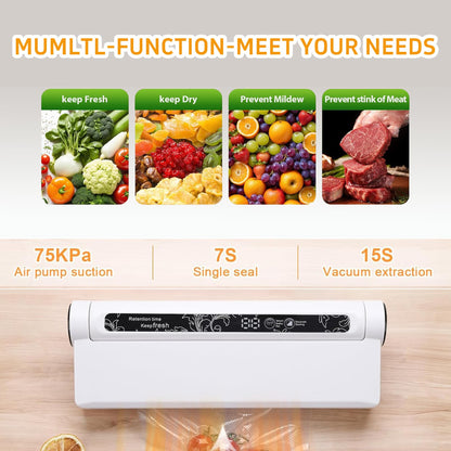 Food Saver Vacuum Sealer Machine, 75KPA Strong Suction for Dry/Wet Foods, Digital Countdown Timer, Compact Design with LED Lights, Includes 20 Vacuum Seal Bags, Ideal for Home Kitchen Use