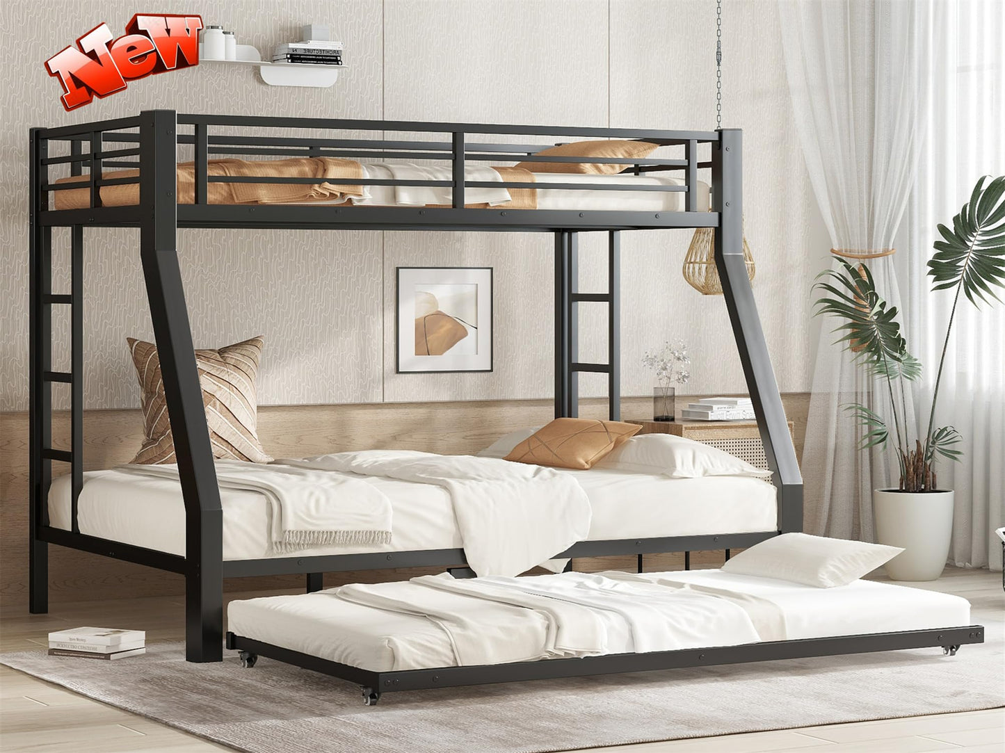 NOAHLEO Stronger & Safer Heavy Duty Metal Twin Over Full Bunk Bed with Twin Trundle for Adults Teens, More Stable Thickened Steel Bunkbed (Twin Over Full Bunk Bed with Twin Trundle)