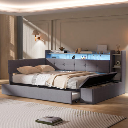 Merax Full Size Upholstered Daybed with Trundle and Storage Drawer, Headboard with Light, Shelves, USB Charging Station, Multi-Functional Bed for Guest Room, Living Room, No Box Spring Needed, Gray