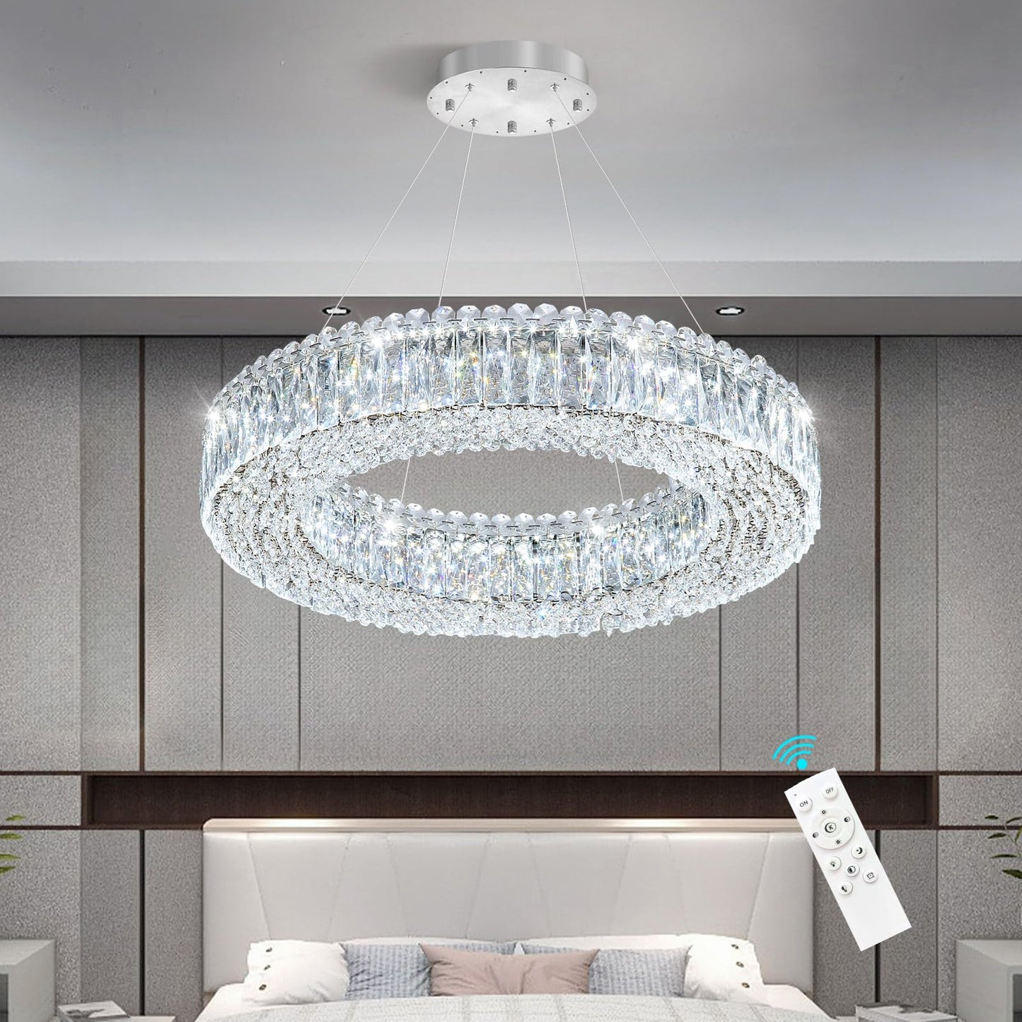 24'' Modern Crystal Chandeliers Large Ring Chandelier for Living Room LED Dimmable Ceiling Light for Dining Room High Ceiling Chandeliers for Foyer Entryway Silver