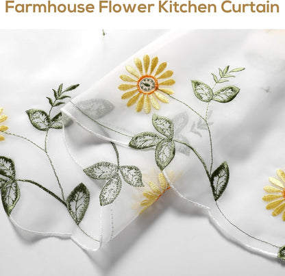 ZHH Sheer Embroidery Valance for Window with Daisy - Short White Kitchen Curtain, 1 Panel, 17x70inch