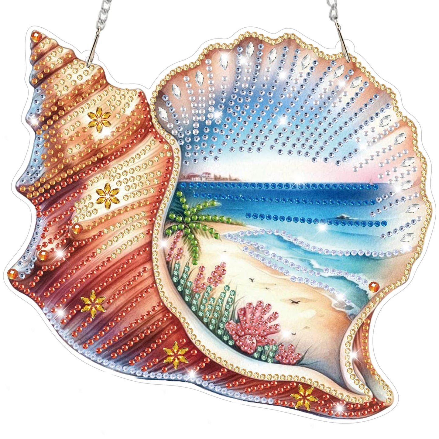 Bowetile Summer Diamond Art Hanging Kits for Adults, Diamond Art Suncatchers Conch Shell, 5D Special Shape Diamond Painting Beach Pendant Window Ornament Gifts for Home Wall Door Garden Decor