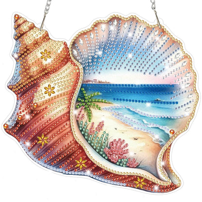 Bowetile Summer Diamond Art Hanging Kits for Adults, Diamond Art Suncatchers Conch Shell, 5D Special Shape Diamond Painting Beach Pendant Window Ornament Gifts for Home Wall Door Garden Decor