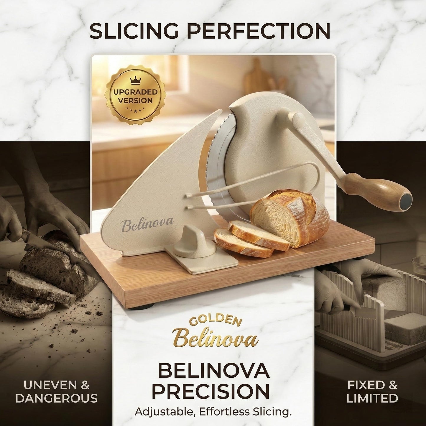 Belinova Manual Bread Slicer for Homemade Sourdough & Bagels, Adjustable Thickness Hand Crank Bread Cutter with Anti-Jam Guide Plate, Solid Wood Base & Rust-Proof Stainless Steel Blade
