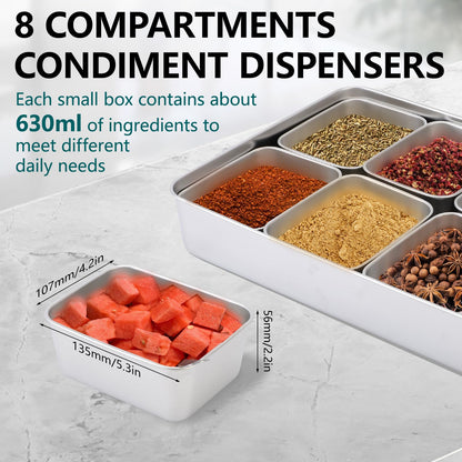 KIMISS Box Seasoning Organizer Box 8 Grids Stainless Steel Jars Container Set Rack with Lids And Spoons for Salt Snacks Flour Dry Goods Fruits
