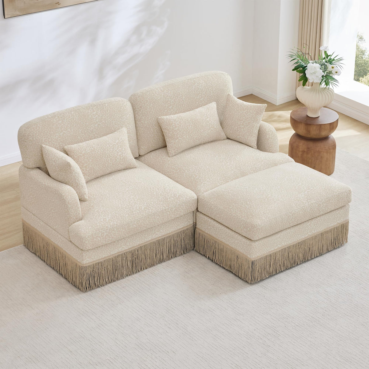 KEIKI 69.2" L Shaped Loveseat Sofa with Ottoman, Modular Chenille Leopard Print Couch with Tassel Trim, Deep Seat Sectional Sofa for Living Room Corner Seating