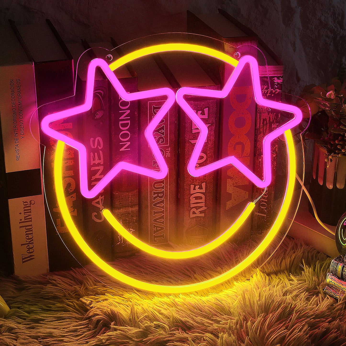 Lightning Eyes Smile Neon Sign – 13"x12.2" LED Wall Light with 5-Level Dimmable Brightness – Fun Room Decor for Bedroom, Dorm, Gaming Room, Bar, Bachelorette, Wedding & Birthday Party (Star Eyes)