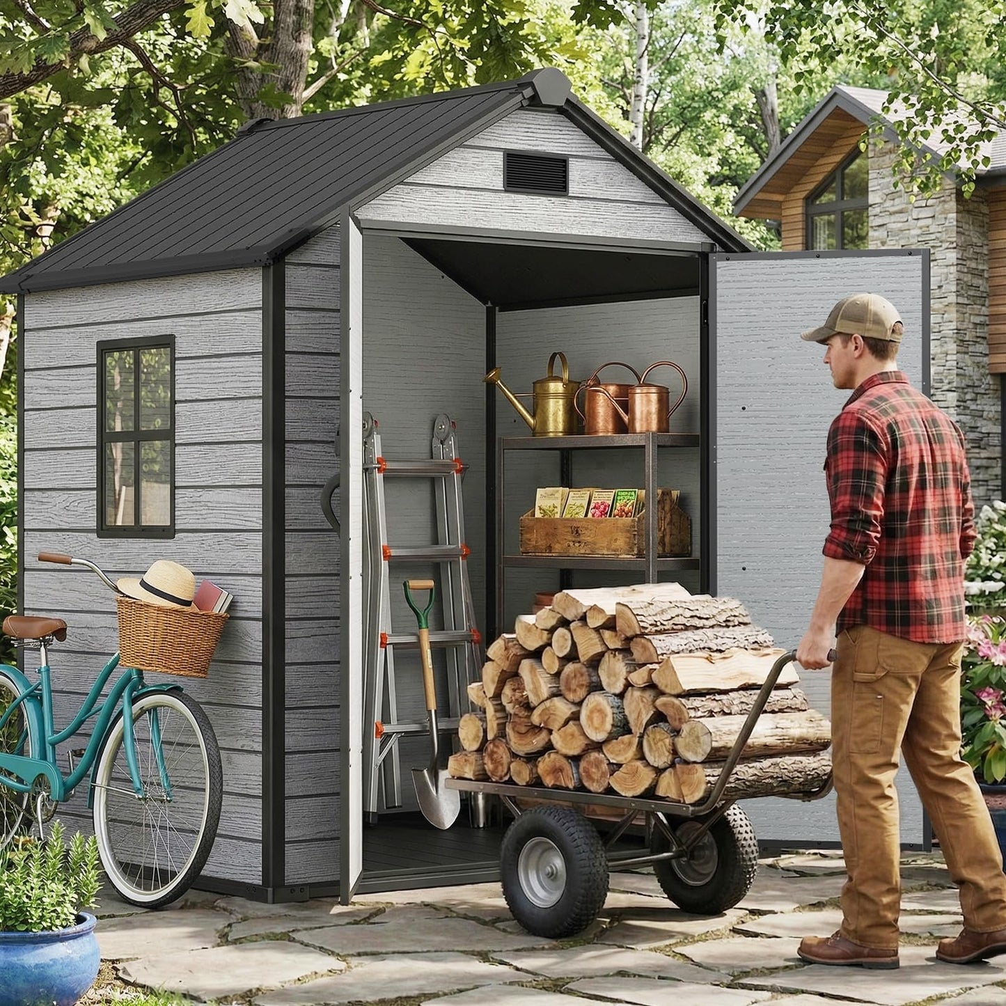 EHHLY Outdoor Storage Shed 6x4.4 FT, Resin Shed with Floor, Window & Vents, Waterproof Plastic Shed with Lockable Door for Backyard, Patio, Lawn, Gray