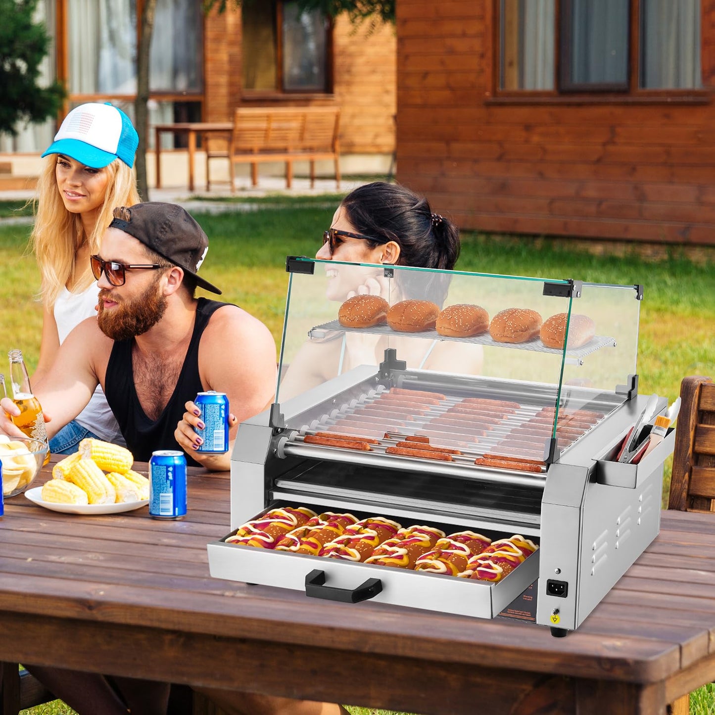 VEVOR Hot Dog Roller, 30 Hot Dog 11 Rollers, Stainless Steel Sausage Grill Cooker, 1950W Hot Dog Machine with Bun Warmer, Cover, 3 Temp Control, Side Storage Box, Oil Drip Tray, for Home & Commercial