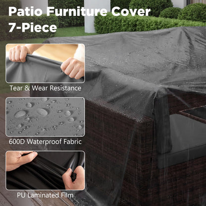 LHBcraft 7 Pieces Outdoor Wicker Rattan Patio Furniture with Rain Cover, Wicker Rattan Outdoor Sectional Sofa Set with Coffee Table & Gery Cushions for Garden, Poolside