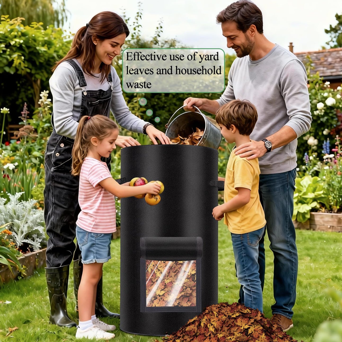 Compost Bins Outdoor with Observation Windows, 34 Gallon Reusable Home Compost Bucket for Outside Garden, Backyard, Heavy Duty Nonwoven Fabric Yard Waste Bag (1 Pack, Black)