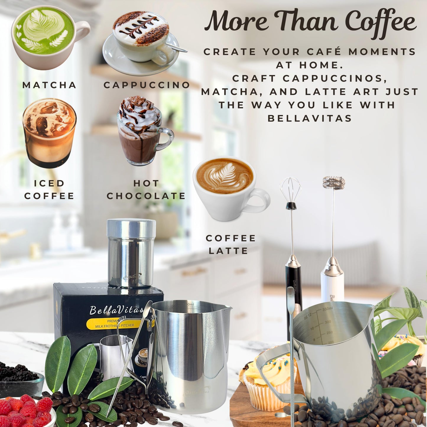 BellaVitas Milk Frothing Pitcher Set 20oz/600ml, 304 Stainless Steel Milk Frother Cup with Cocoa Shaker, Latte Art Pen, Stencils, Espresso Machine Accessories & Coffee Barista Tools Latte Pitcher Gift