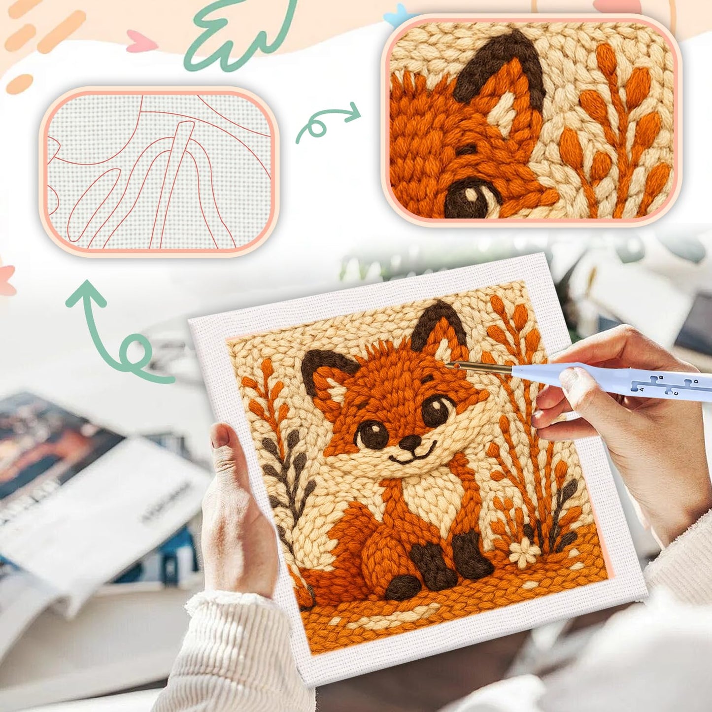 SDOYUNO Punch Needle Kit with Frame for Adults Beginners Kits 9.84 x 9.84 Inch Embroidery Starter Kits Punch Needle Kit with Fox Pattern, Threader, Yarns, Rug Punch, DIY Craft Kits (Brown)