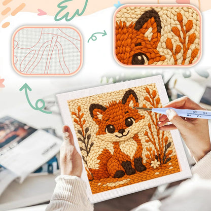 SDOYUNO Punch Needle Kit with Frame for Adults Beginners Kits 9.84 x 9.84 Inch Embroidery Starter Kits Punch Needle Kit with Fox Pattern, Threader, Yarns, Rug Punch, DIY Craft Kits (Brown)