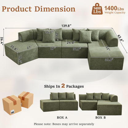 CACFTII 140" Oversized Boneless Couch, Curved Cloud Sectional Couch with L-Shape Chaise, Compressed Memory Foam Couch, Velvet Modular Sectional Sofa for Living Room, No Assembly Required, Green