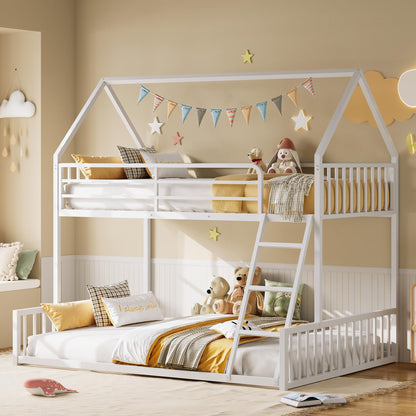 LIKIMIO Bunk Bed Twin Over Full Size, House Bunk Bed Frame with Ladder and Guardrail, House Shaped with Metal Slats Support No Box Spring Needed Space Saving for Bedroom and Dorm, White