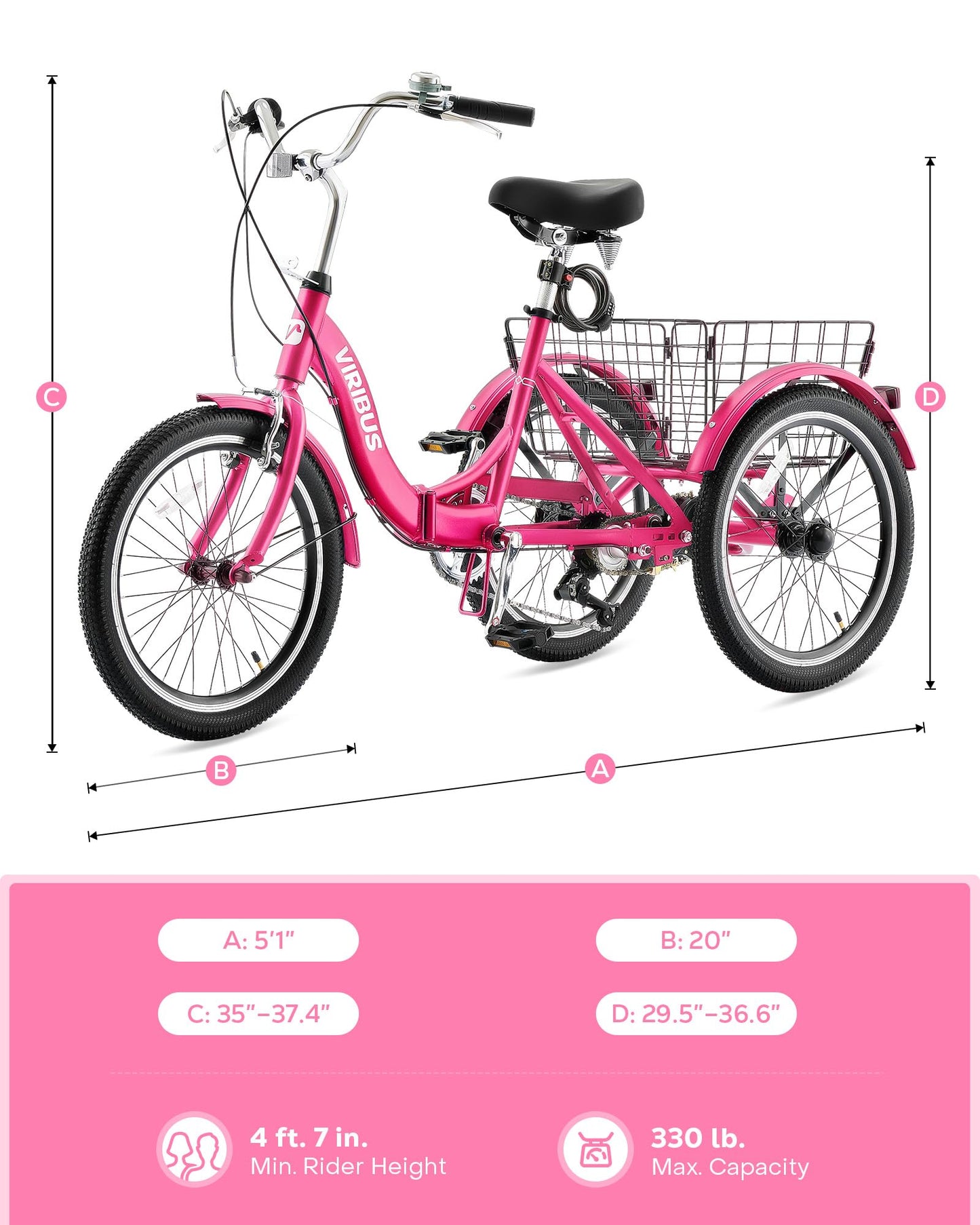 VIRIBUS Folding Tricycle for Adults, 7 Speed 20 Inch Mini Foldable 3 Wheel Bikes for Women Seniors with Dual Chain & Low Step-Through Frame, Collapsible Trike with Cargo Basket, 330 lbs, Hot Pink