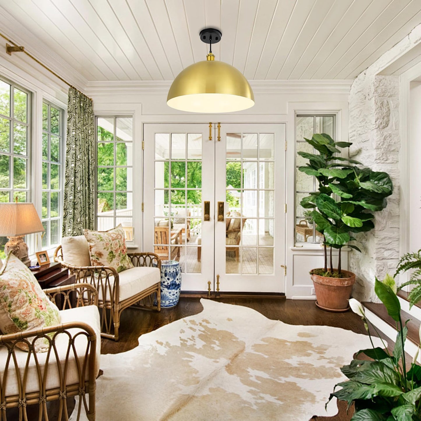 YOGIRL Gold Pendant Light, 20" Farmhouse Ceiling Light with Gold and White, Elegant Semi-Circular Shade Design, Adjustable Height Industrial Dome Pendant Lights for Kitchen Island, Dining Room