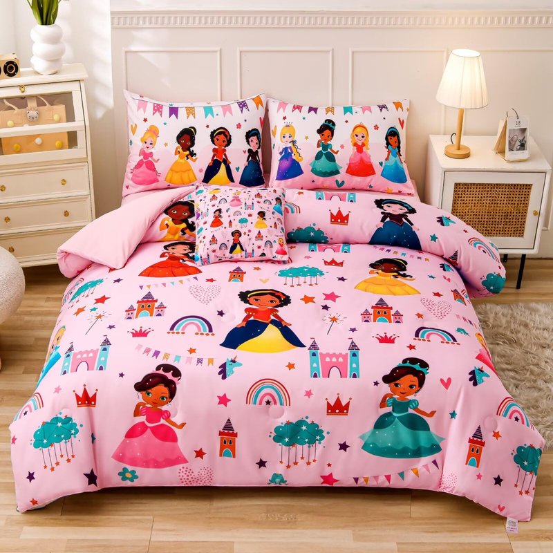 GRAT TIOC 6 Pieces Pink Princess Comforter Set for Girls Twin,Bed in A Bag Princess Bedding Set for Girl Kids (1 Comforter,1 Flat Sheet,1 Fitted Sheet,2 Pillowcases and 1 Cushion Cover)