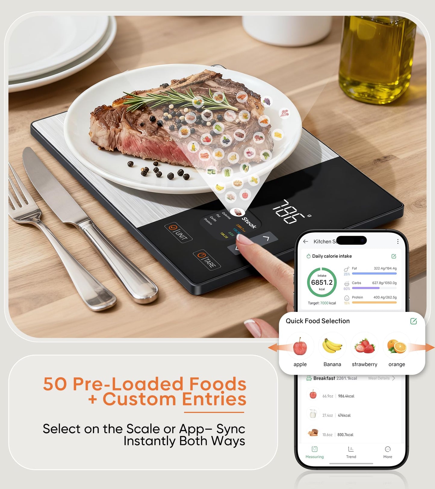 KUAIVO Smart Nutrition Food Scale with TFT Display, Tracks Calories, Fat, Carbs & Protein, Works with App for Daily Reports, 50 Built-in Foods, 23 Nutrients, Digital Kitchen Scale for Meal Prep