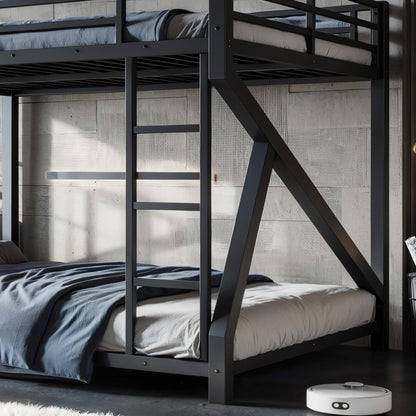 Bellemave Queen Over Queen Bunk Bed Frame with Noise Reduced Design, Low Profile Bunk Bed with Soft Ladder Rung Cover and Fence, Heavy Buty Bunk Beds for Adults, Teens