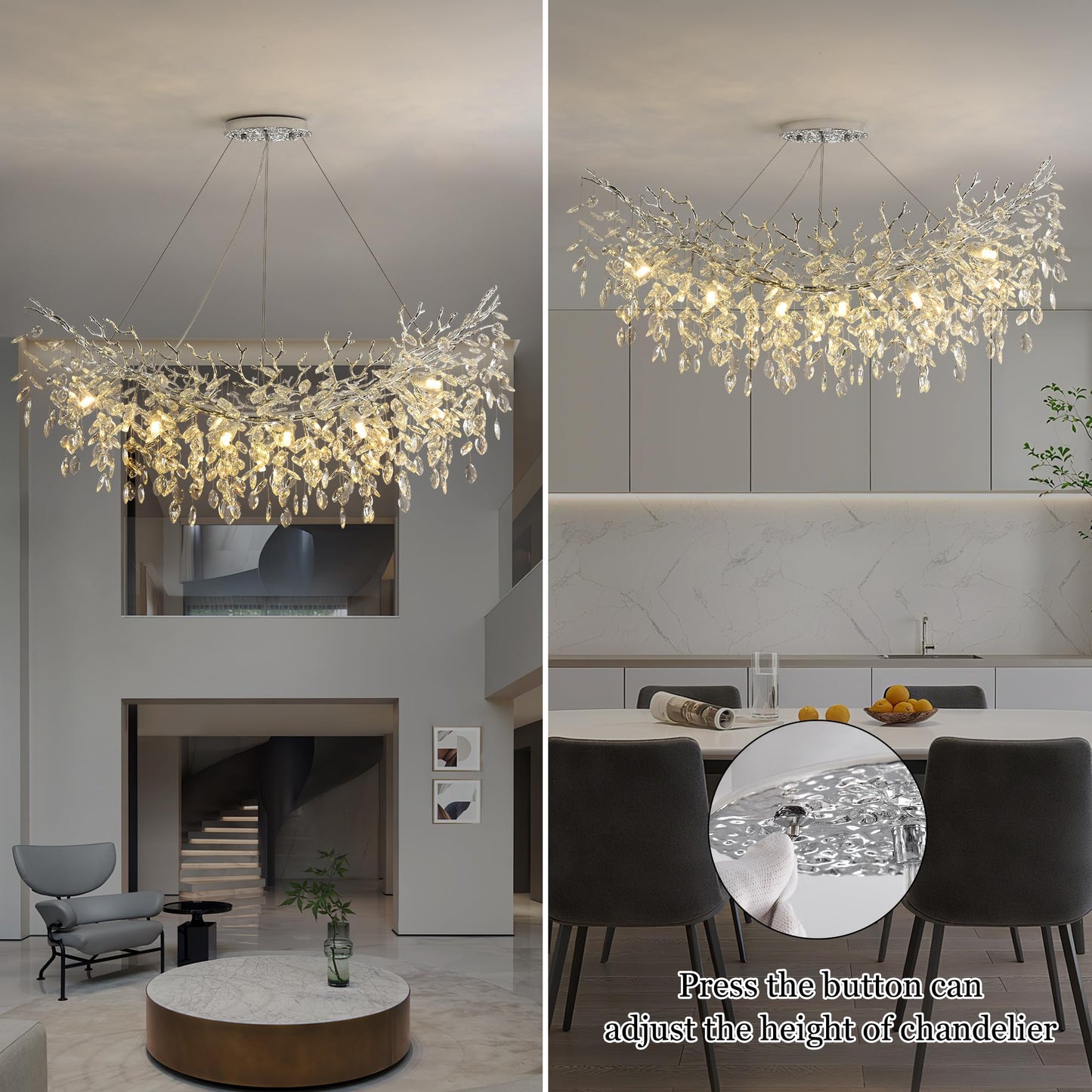 Upfelw Rectangle Crystal Tree Branch Chandelier, L47.3'' Mpdern Luxury Chrome Linear Art Deco Raindrop Pendant Lighting Fixture for Kitchen Island Foyer Living Room Dining Room 14 Lights