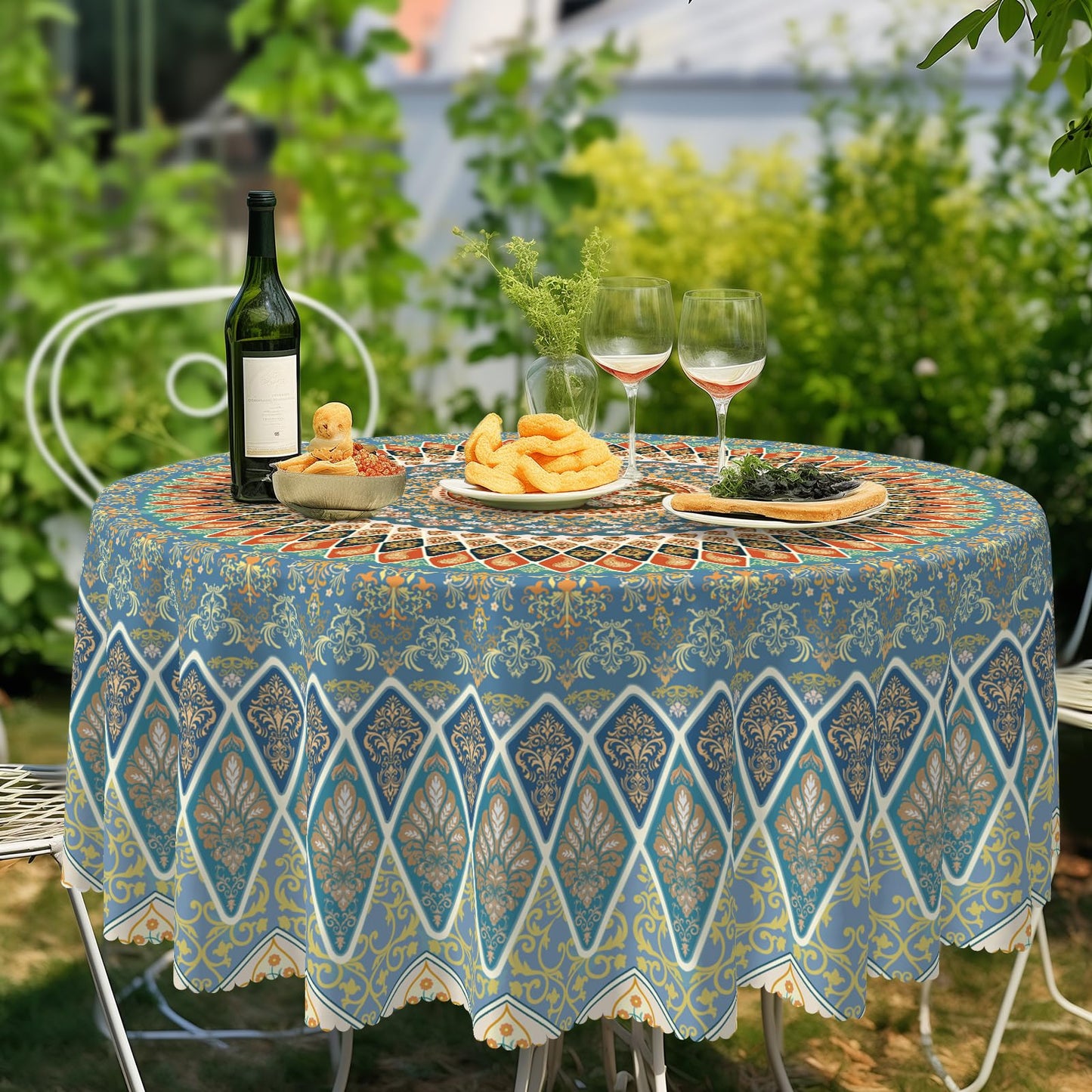 Eikione Bohemia Round Tablecloth,Tablecloth Waterproof and Wrinkle-Free, Boho Table Covers, Summer Decorations for Home 60inch