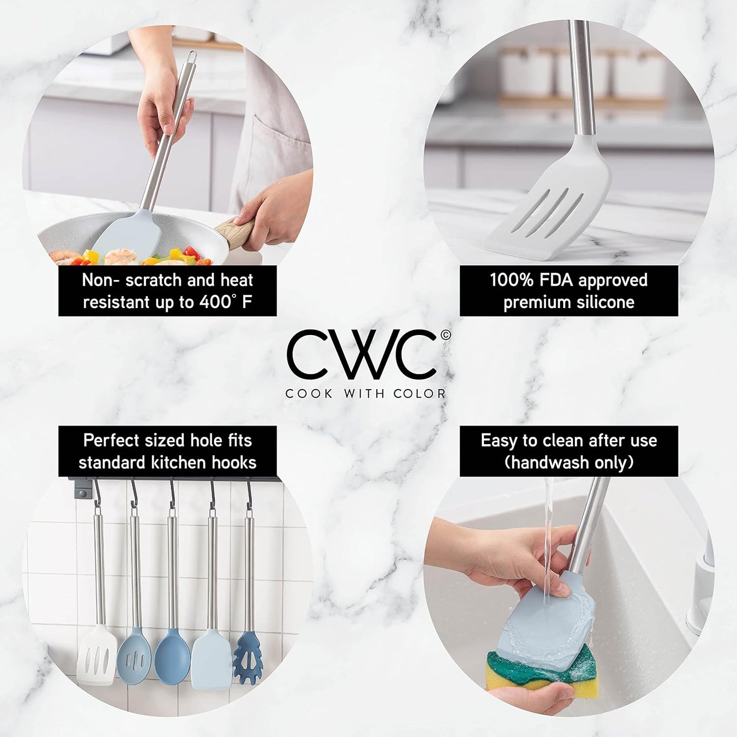COOK WITH COLOR Silicone Cooking Utensils - 5 Pc Kitchen Utensil Set for Nonstick Cookware (Blue and White)