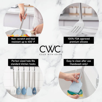 COOK WITH COLOR Silicone Cooking Utensils - 5 Pc Kitchen Utensil Set for Nonstick Cookware (Blue and White)
