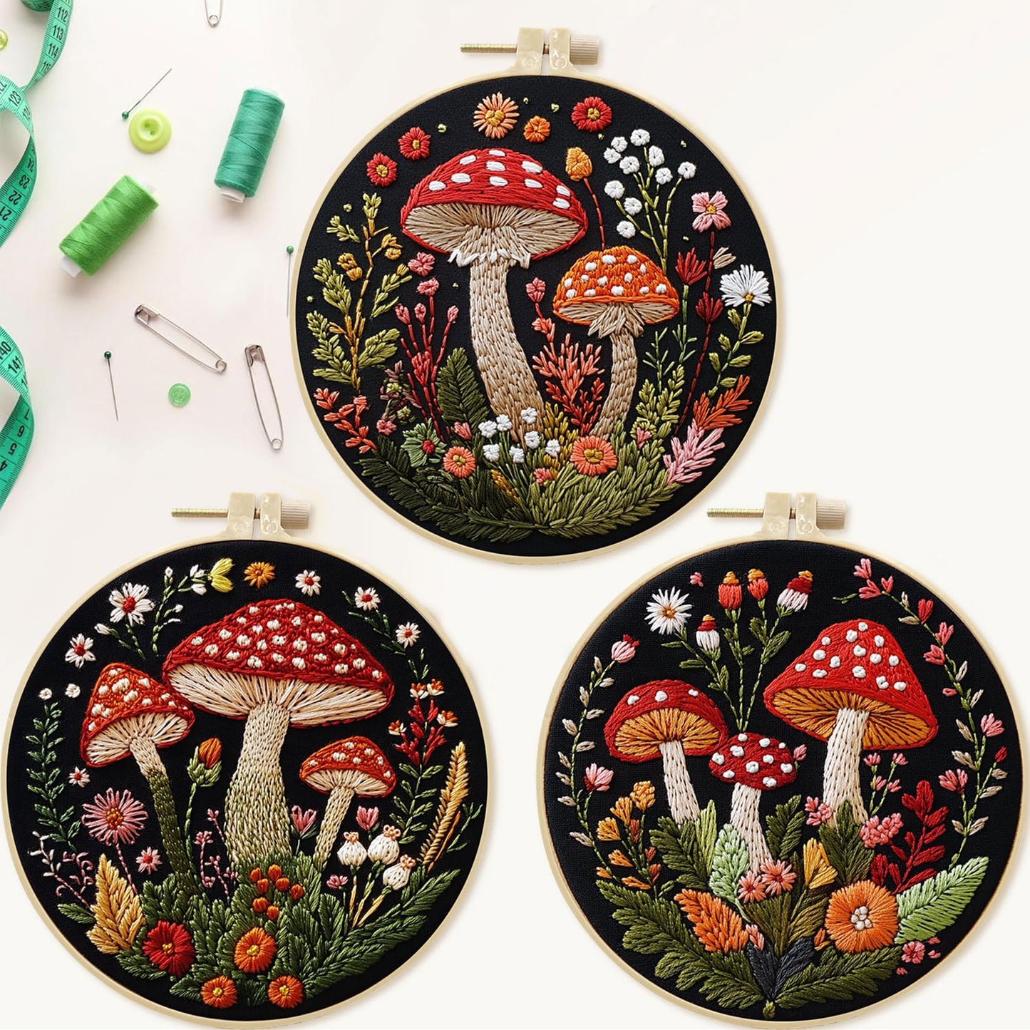 SCECALA 4 Pack Mushroom Embroidery Kit - Botanical Flower Floral Hand Embroidery Kit for Beginners with Pattern, Complete Cross Stitch Supplies DIY Craft for Adults Sewing Hobby, 1pc Hoops